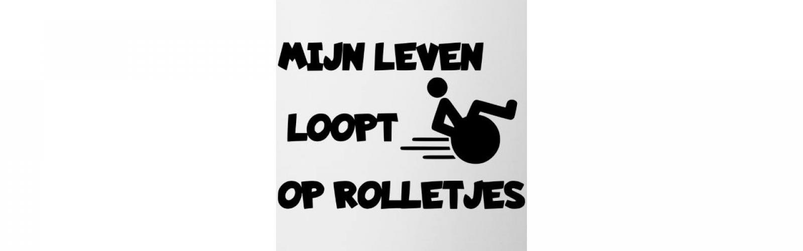 afbeelding met een rolstoel en de tekst: mijn leven loopt op rolletjes