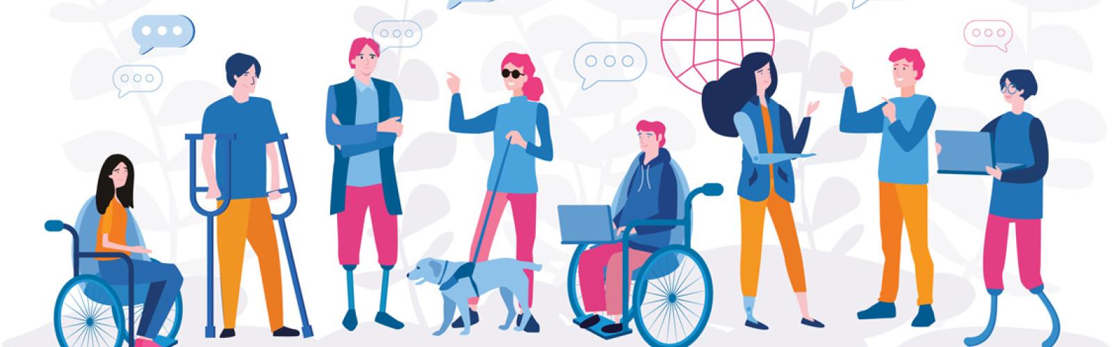 tekening met 8 mensen met verschillende beperkingen